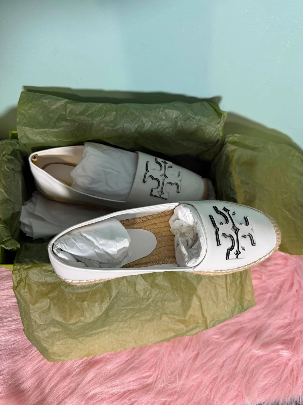 Tory Burch White Leather Espadrille Slip-Ons with Black Logo
